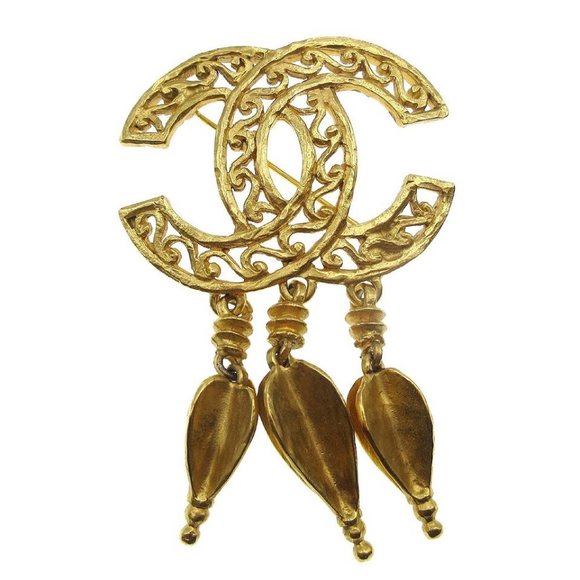 Auth CHANEL CC Logos Fringe Motif Brooch Pin Corsage Gold-plated 95A Vintage - Picture 1 of 8